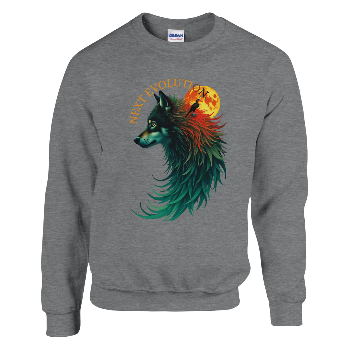 A heather gray crewneck sweatshirt featuring a colorful graphic of a wolf's head in profile with a full moon behind it and the text 'NEXT VIOLENT' in an arch above. The Gildan brand tag is visible inside the collar.