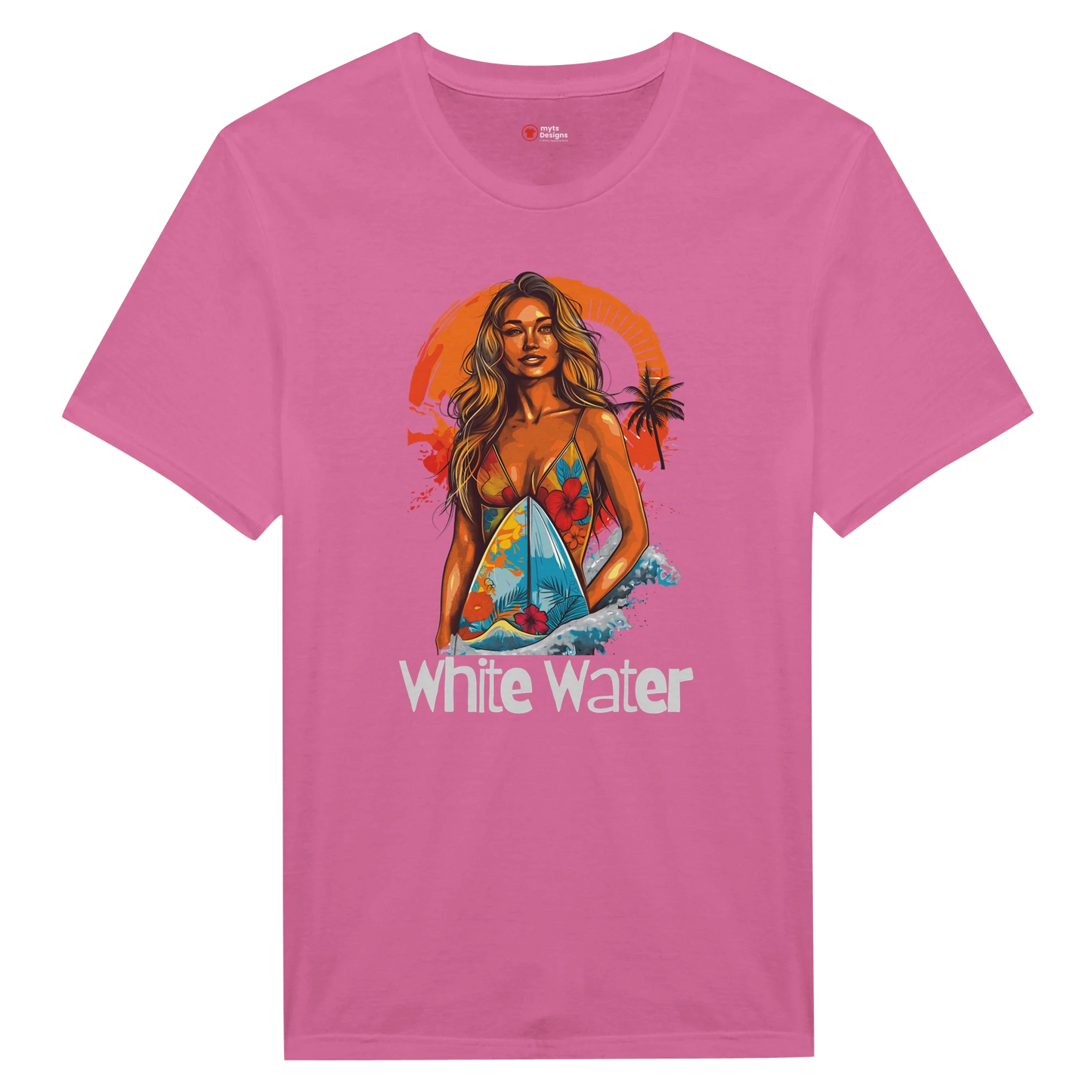 Pink t-shirt with a graphic print of a female surfer in a multicolored swimsuit against a tropical sunset backdrop, with the text 'White Water'.