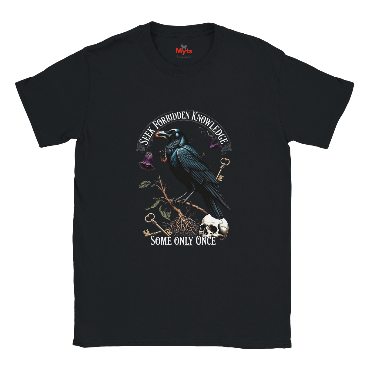 Black t-shirt with a crow and text design on a white background