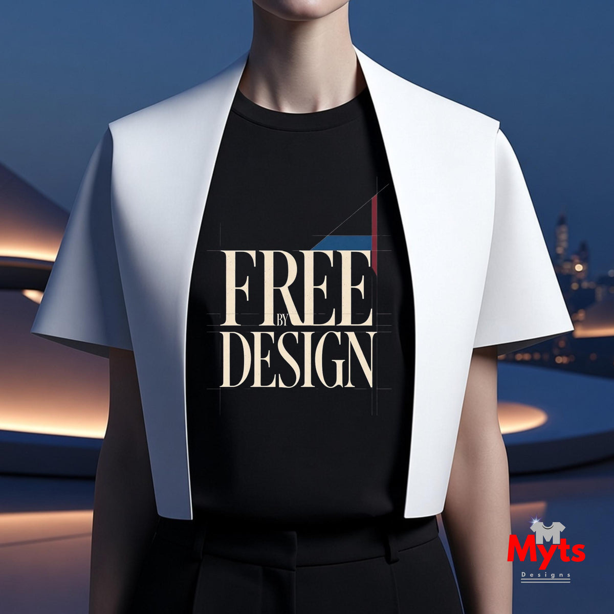 A person wearing a black graphic T-shirt under a white cropped jacket, with the words “FREE BY DESIGN” printed on the chest. The background is a futuristic blue-toned cityscape or studio environment.
