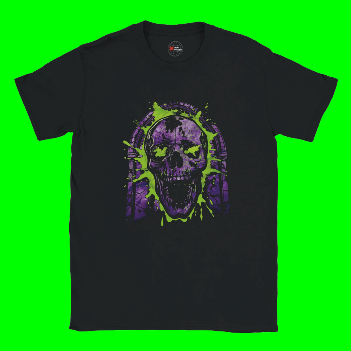 Black t-shirt with a purple and green skull design on a white background