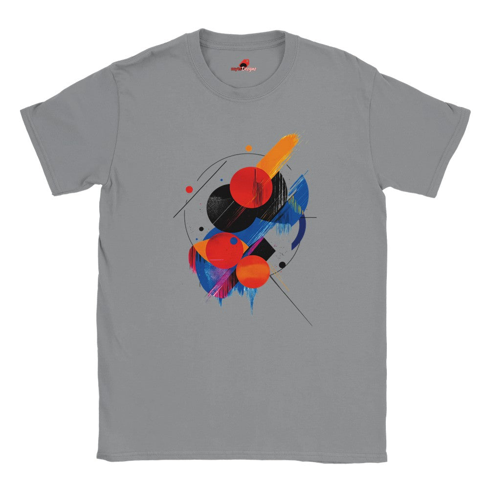 "Geometric space-inspired t-shirt with vivid cosmic colors and planet eclipse design"