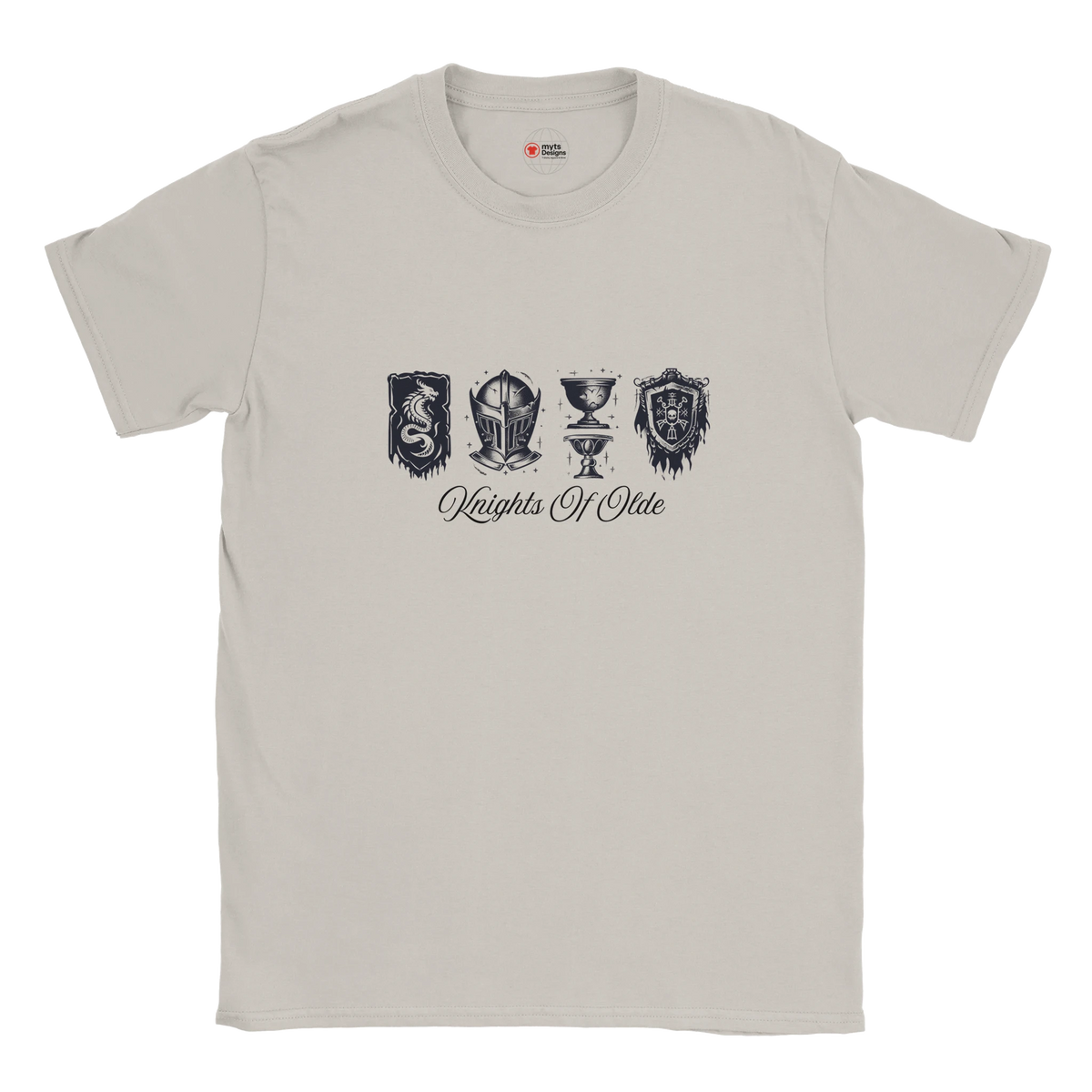 Beige t-shirt with black graphics and text on a white background