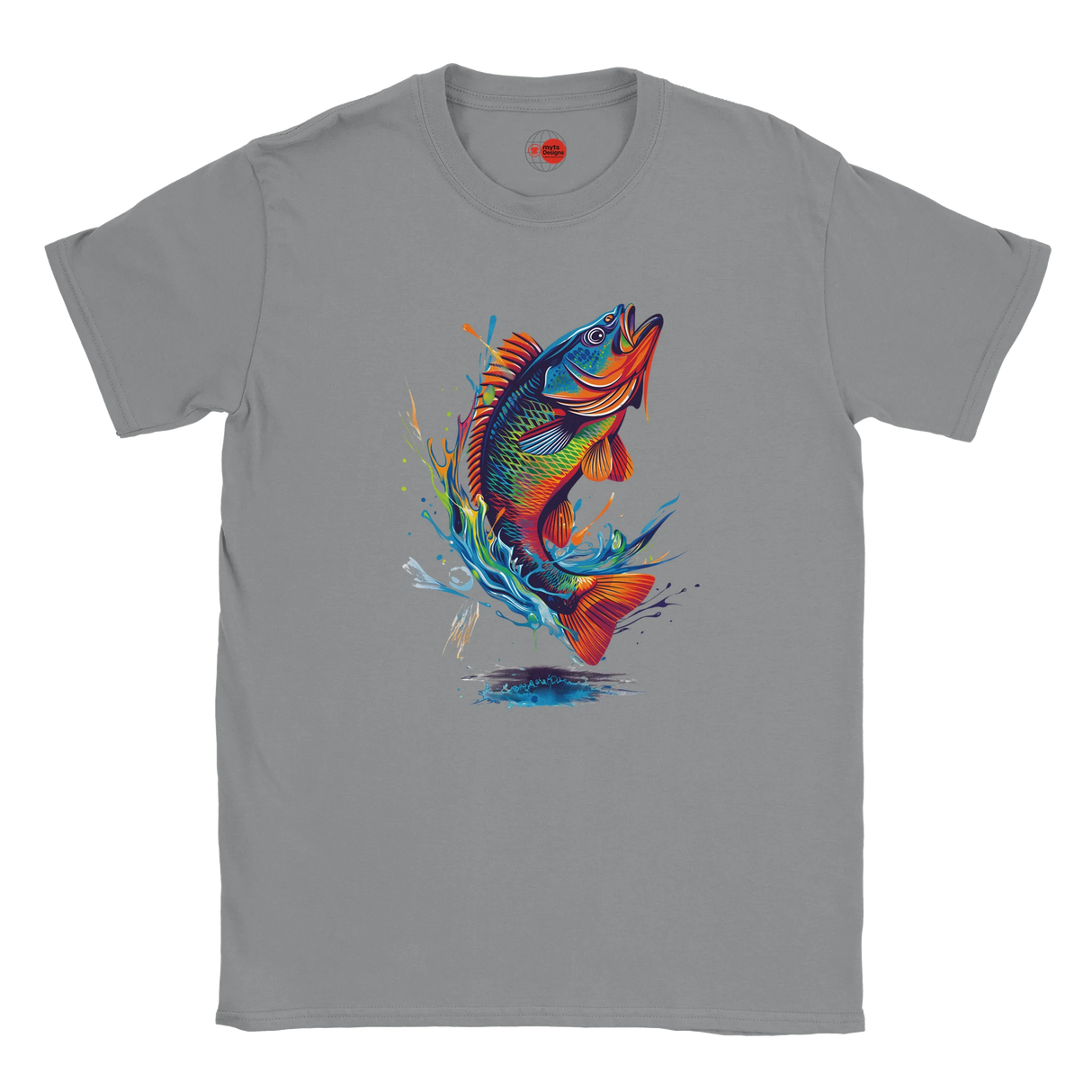 Gray t-shirt with a colorful fish graphic on a white background