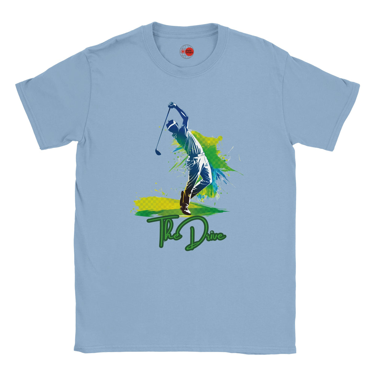 Light blue t-shirt with a graphic of a golfer and 'The Drive' text on a white background