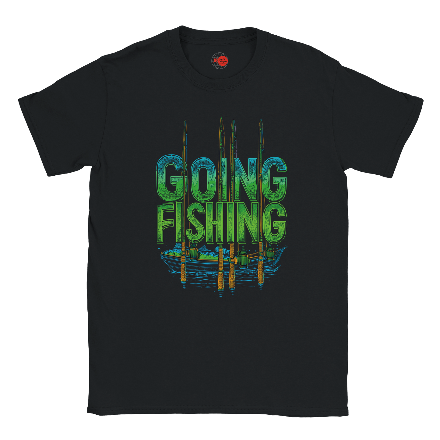 Black t-shirt with 'Going Fishing' graphic design on a white background