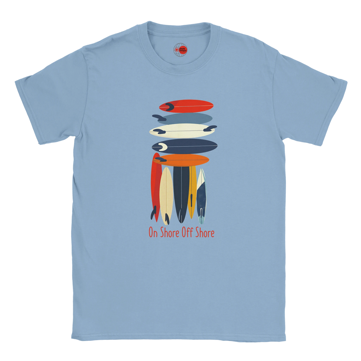 Light blue t-shirt with colorful surfboard graphic and text on a white background