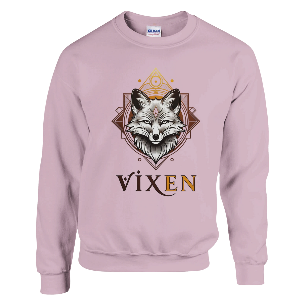 Light Pink sweatshirt with graphic design of vixen fox brand 'Gildan' visible.