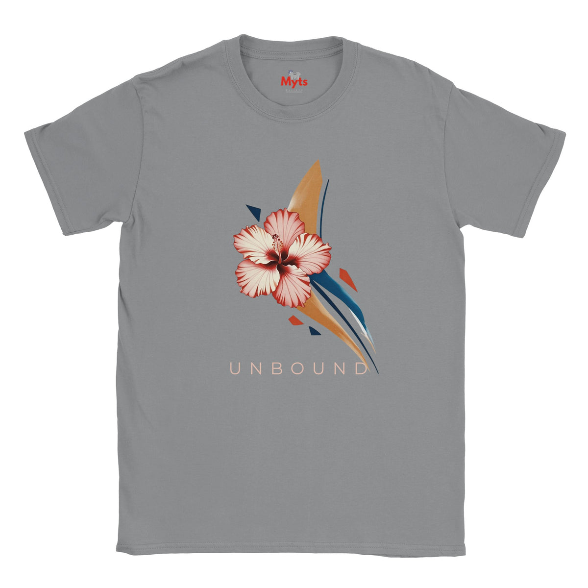 Sports Grey T-shirt displaying a pink hibiscus flower with sweeping navy and gold abstract shapes and UNBOUND lettering.