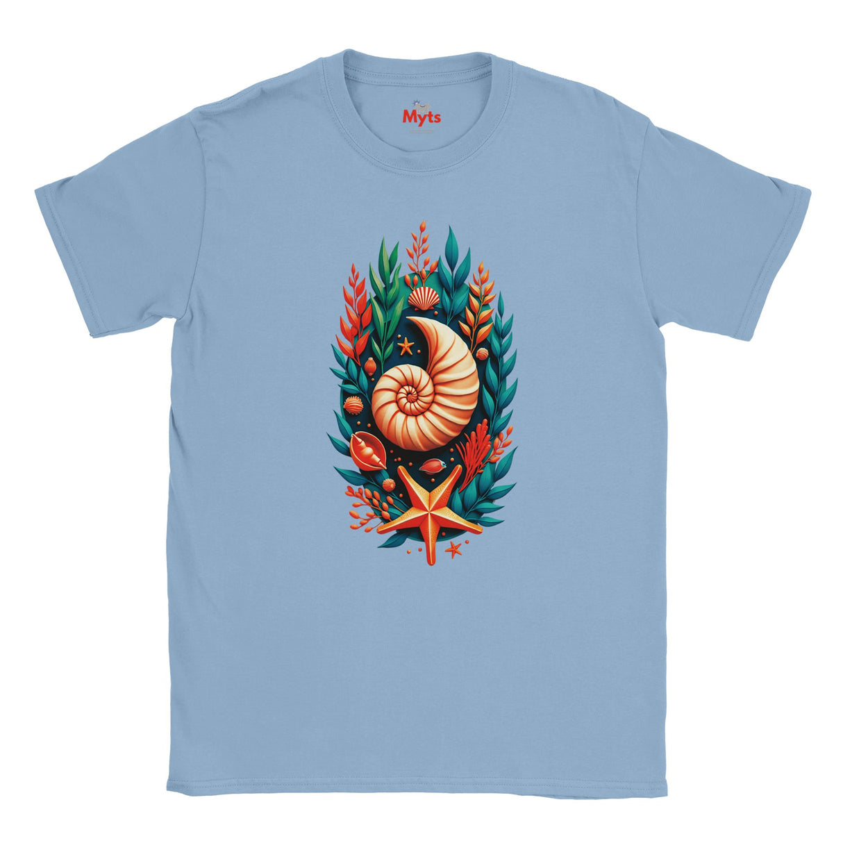 A light blue crewneck t-shirt featuring a central graphic of a nautilus shell and starfish surrounded by green and orange seaweed, with the brand name 'Myts' printed inside the collar.