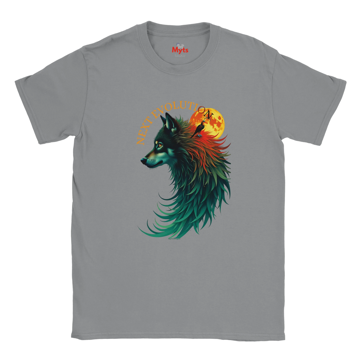A gray short-sleeve crewneck t-shirt featuring a graphic of a wolf with a colorful gradient mane and a glowing orange full moon, with the text 'NEXT MORNING' arched above it. The brand name 'Myts' is printed inside the collar.