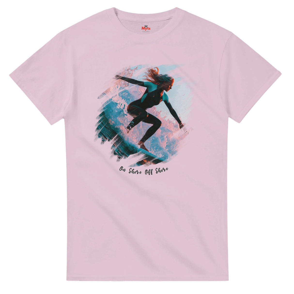 Pink t-shirt with a graphic of a person surfing and text 'Be Shore Off Shore' on a white background.