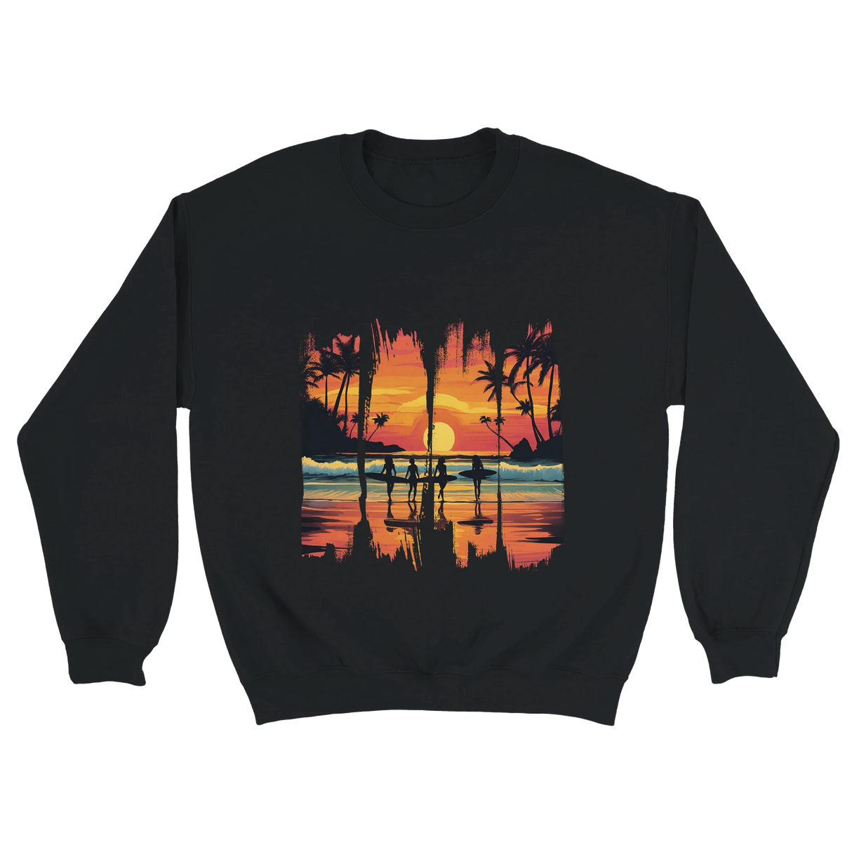 A black unisex sweatshirt featuring a vibrant tropical sunset design with silhouettes of surfers walking along a beach. The graphic includes palm trees, an orange and pink sky, and artistic brushstroke edges, creating a modern coastal vibe. Ideal for beach lovers, surfers, and casual fashion fans.
