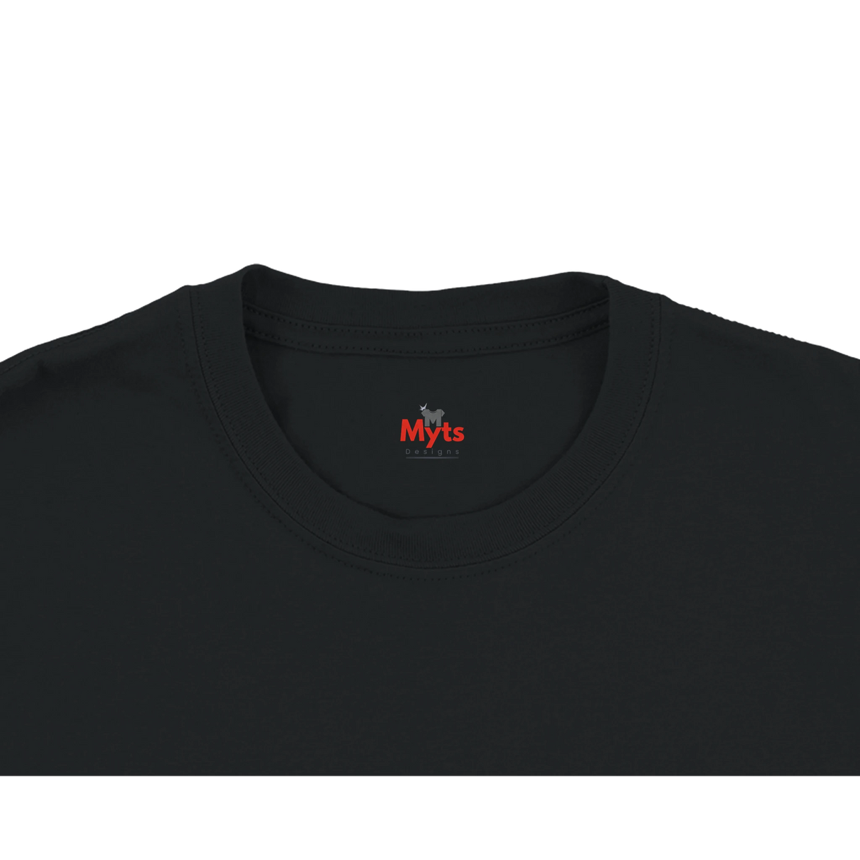 Close-up of a black crewneck t-shirt showing the inner neck label with the red and white 'Myts' brand logo.