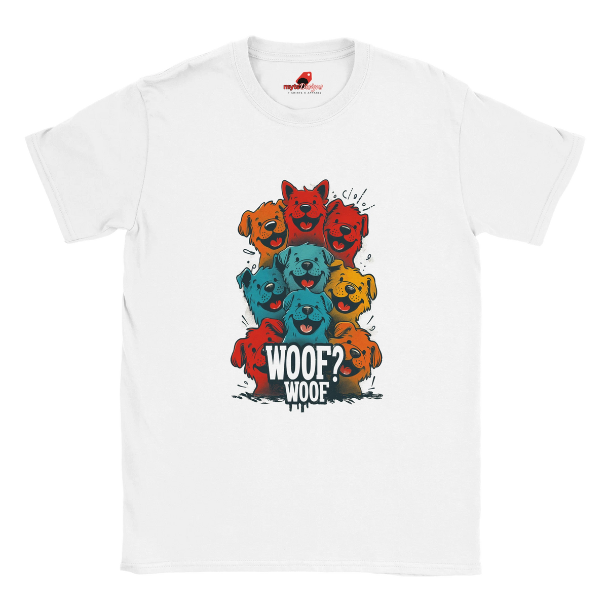 A flat lay white T-shirt featuring a vibrant graphic of cartoon puppies stacked in red, orange, blue, and yellow hues, with the playful text “WOOF? WOOF” below the design.