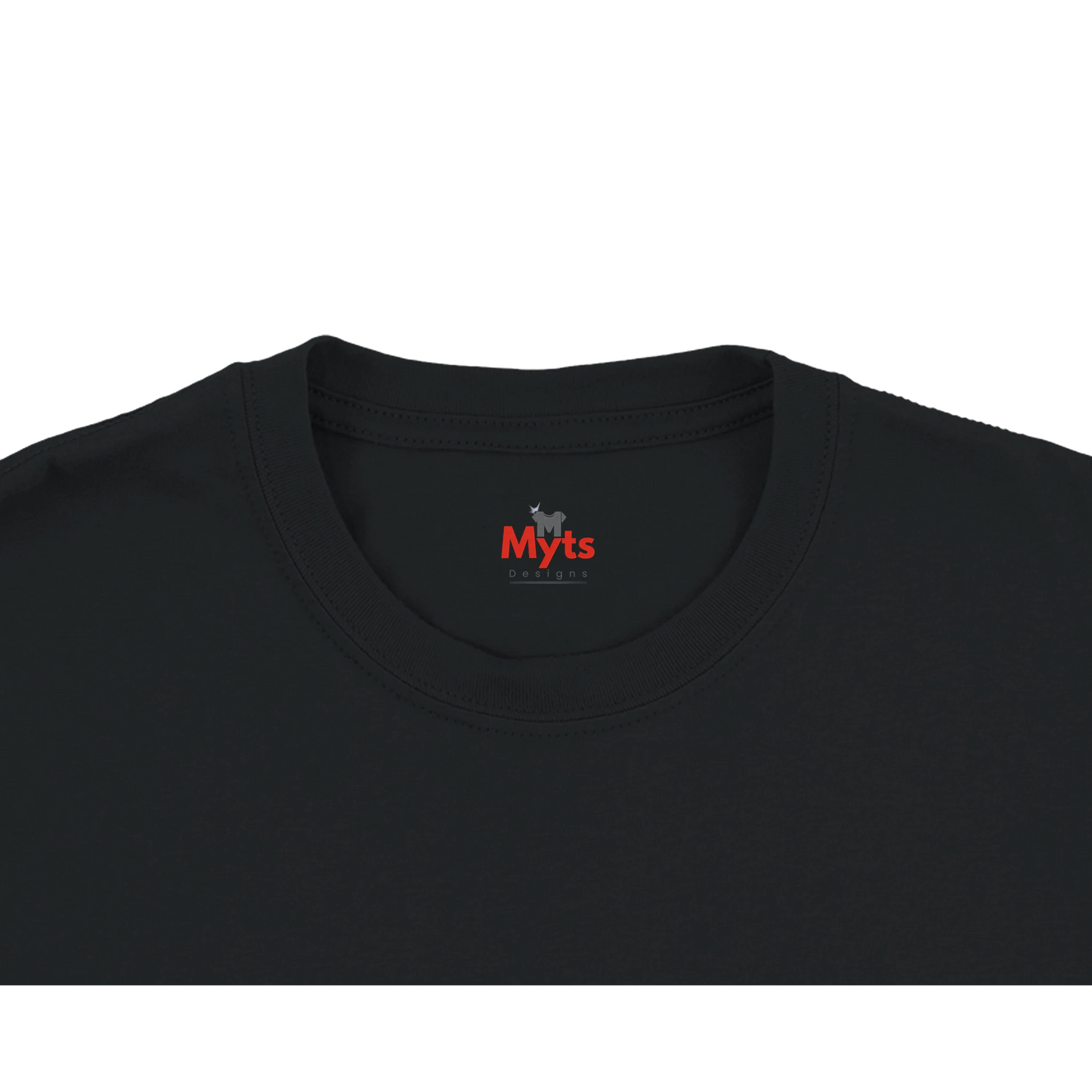 Black t-shirt with a red and white logo on a white background