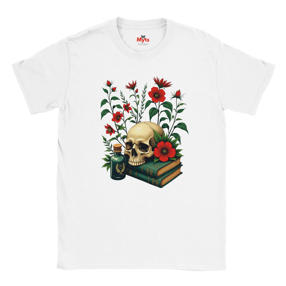 White t-shirt with a skull and floral design on a white background