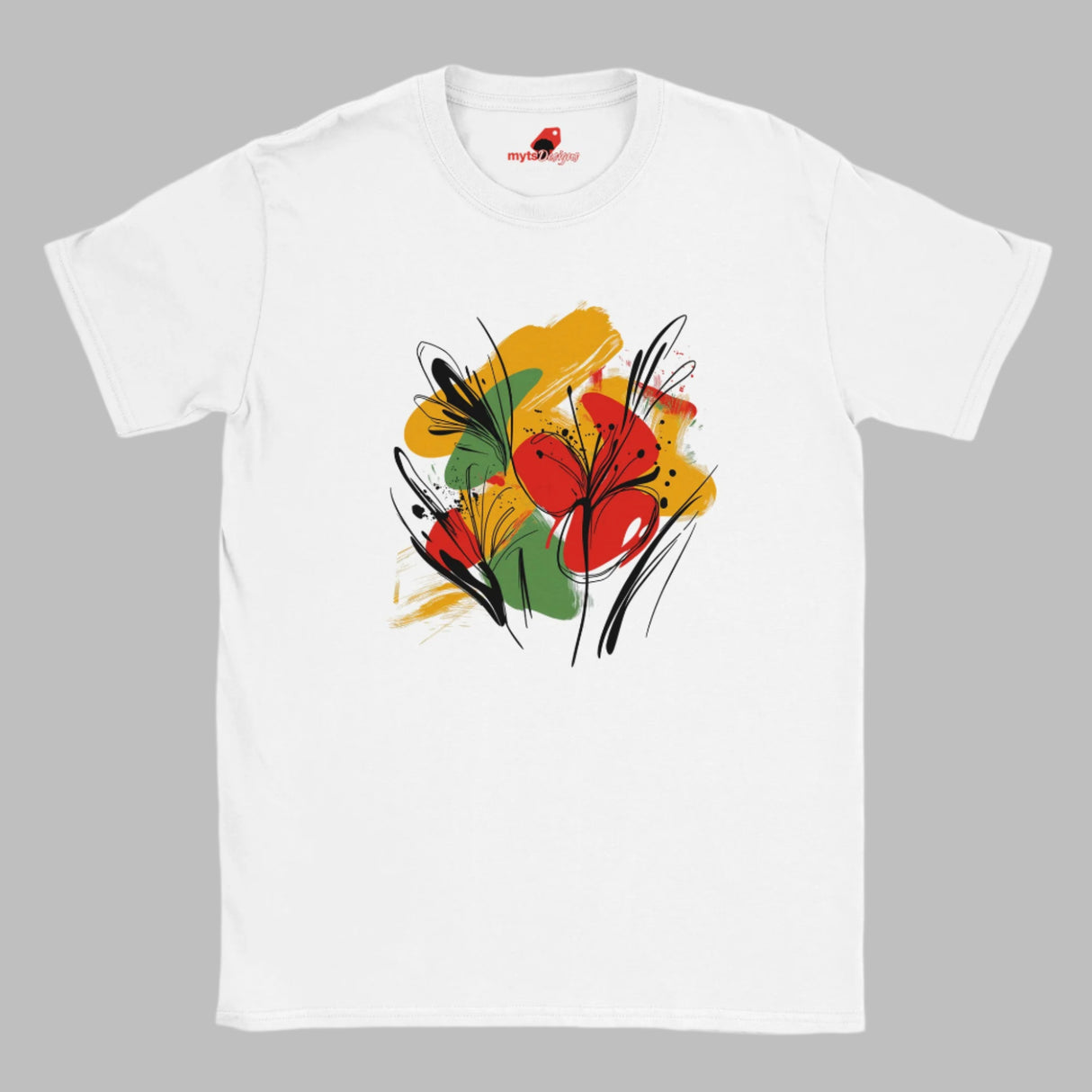 White T-shirt with bold abstract floral design featuring red blooms, yellow and green brushstrokes, and black line art accents, from MytsDesigns.com
