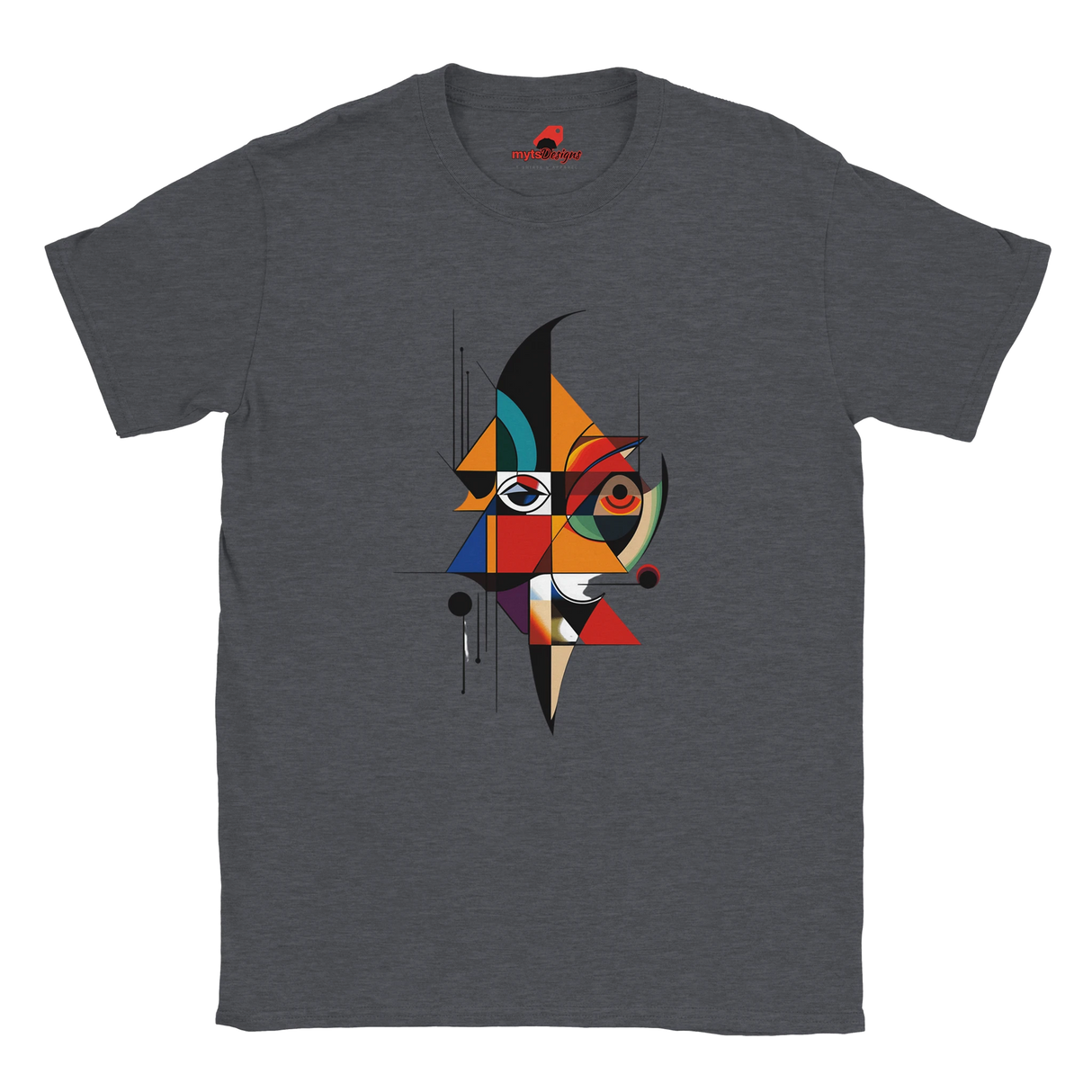 “Dark Heather unisex T-shirt featuring an abstract geometric face design inspired by Picasso’s Cubist art, with bold shapes and vibrant colors, available from MytsDesigns.com”