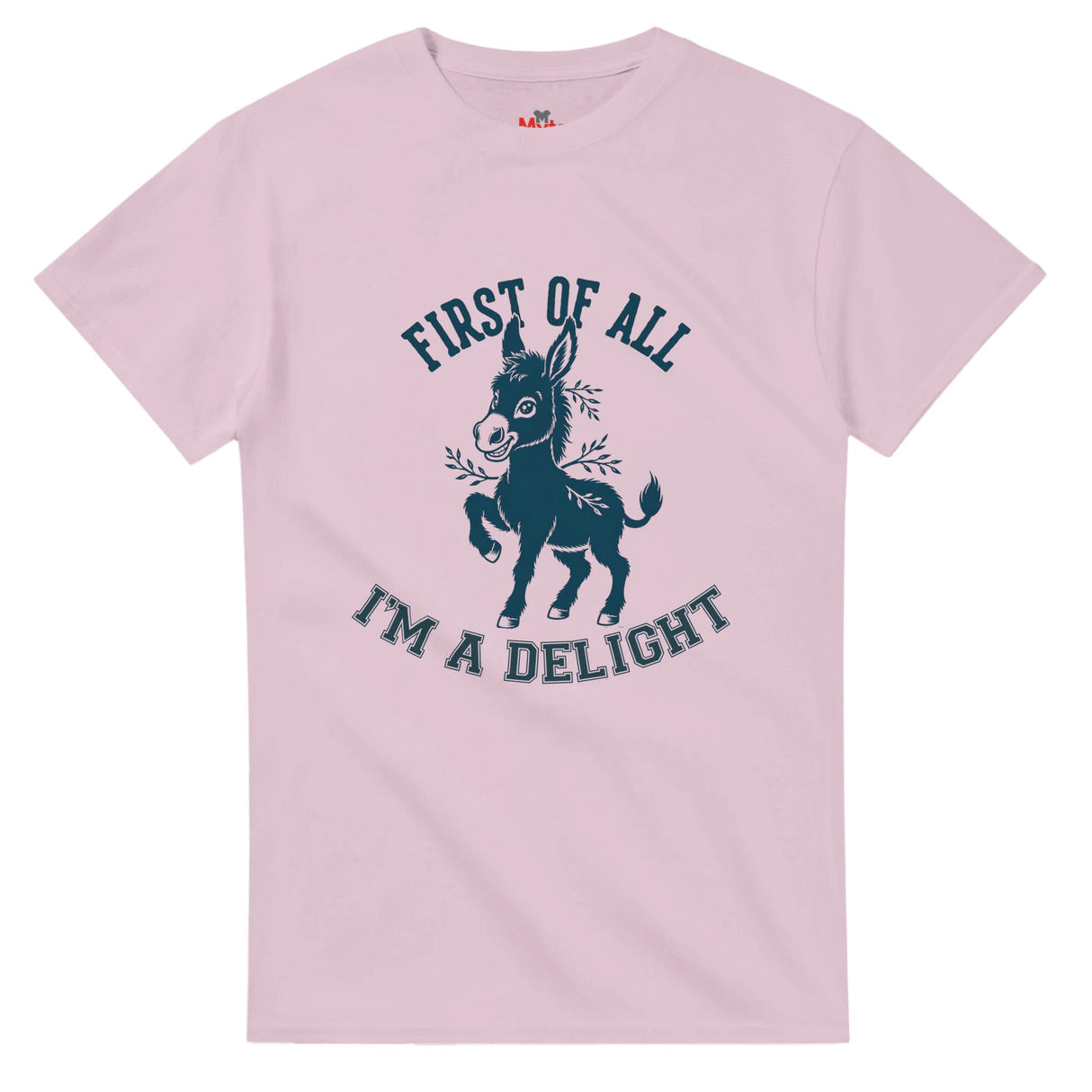 Pink t-shirt with a donkey graphic and text on a white background
