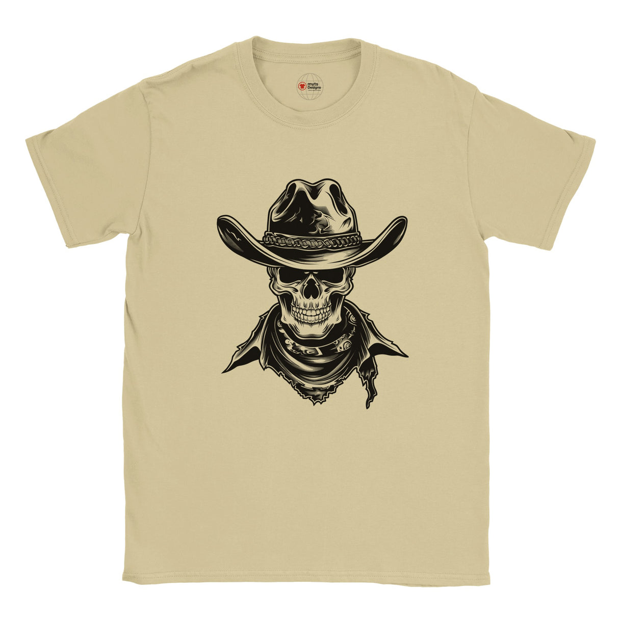 Beige t-shirt with a graphic of a skull wearing a cowboy hat and bandana on a white background