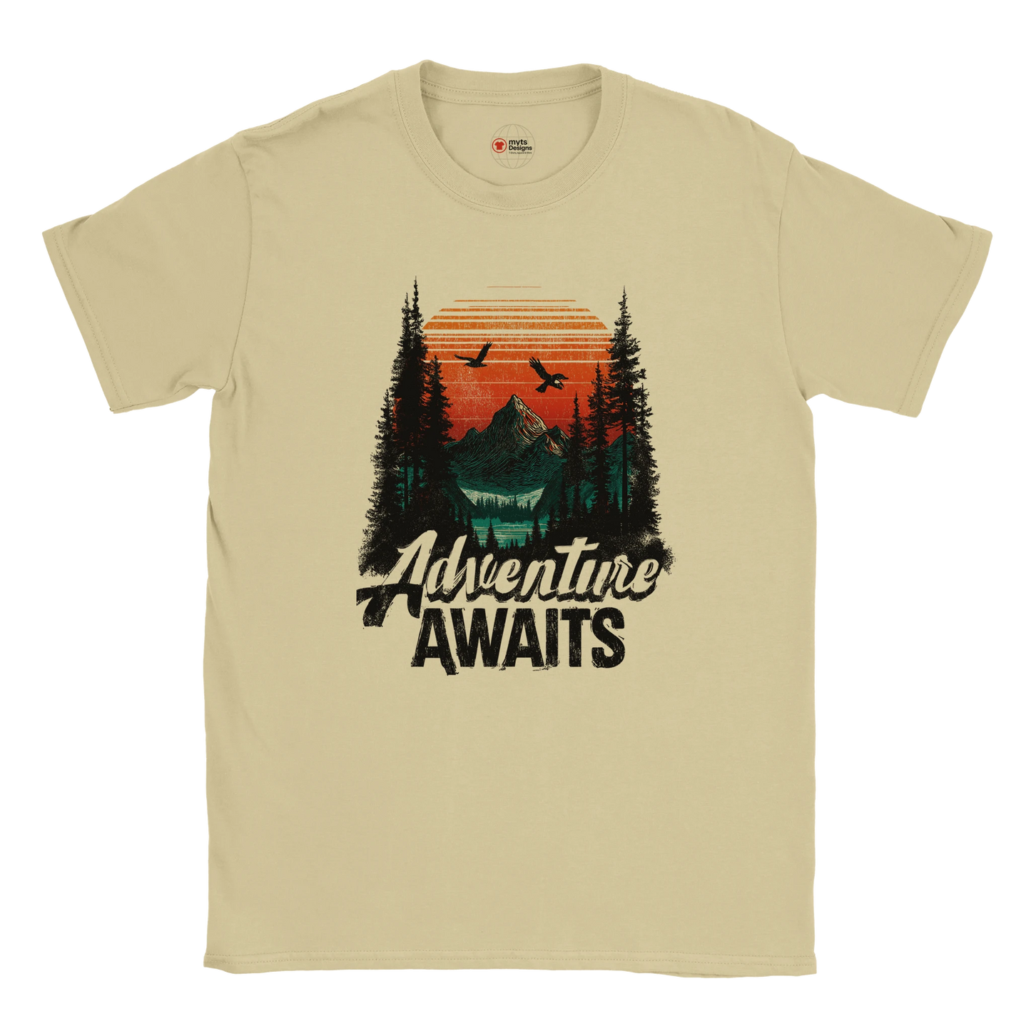 Natural t-shirt with 'Adventure Awaits' graphic design on a white background