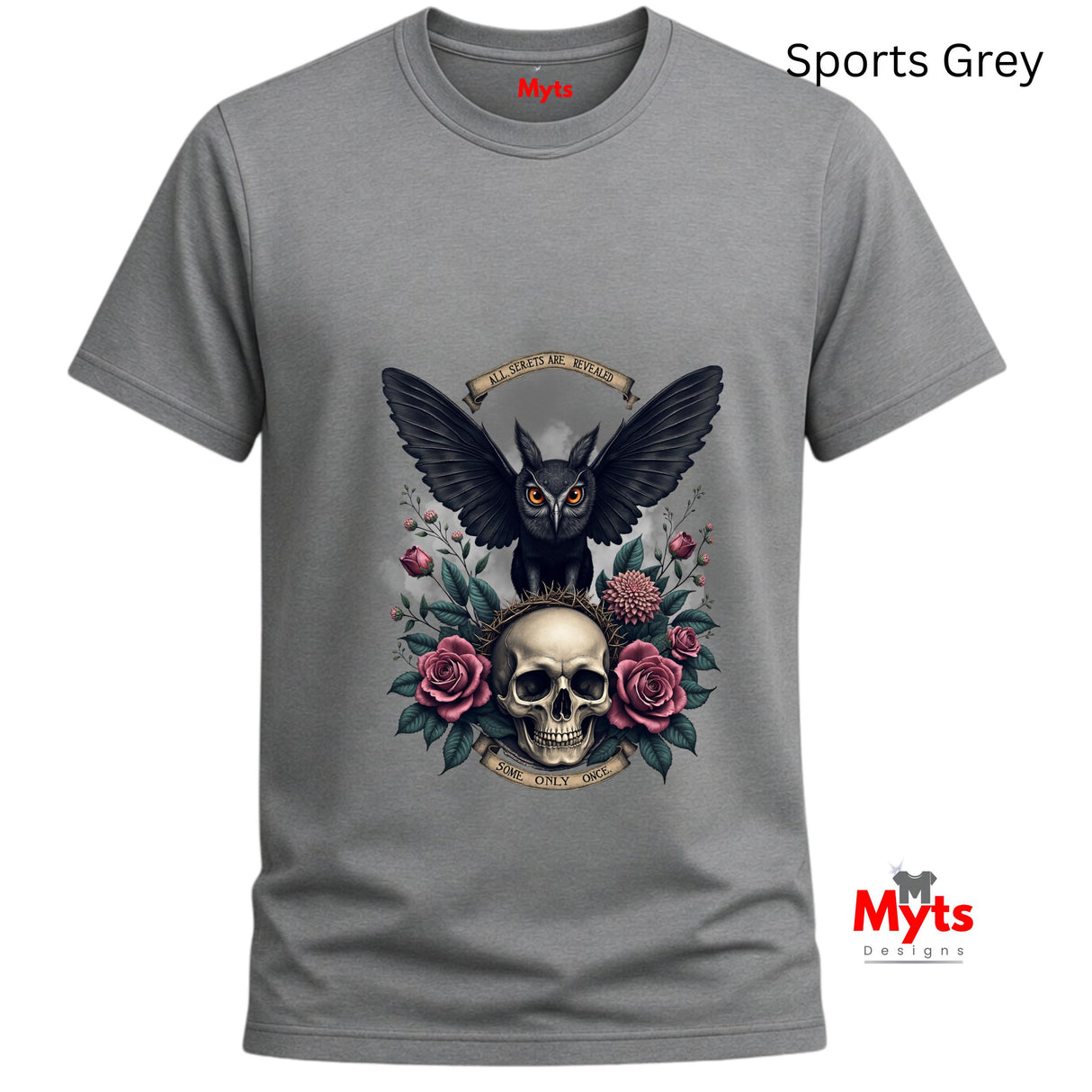 Gray t-shirt with a design of an owl, skull, and roses on a white background