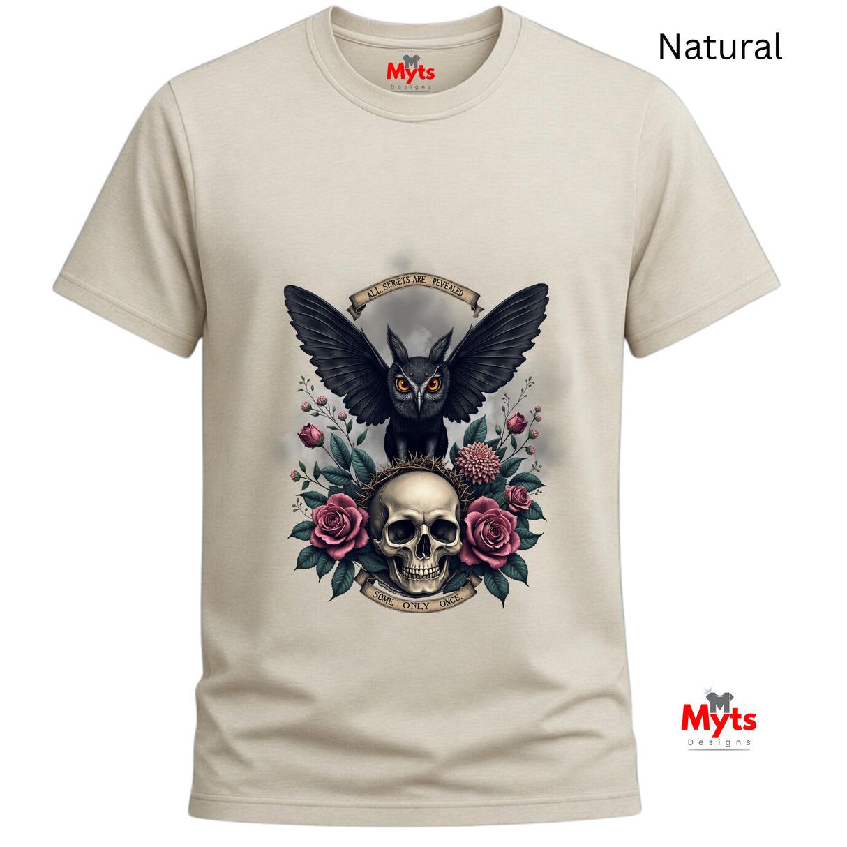 Natural t-shirt with a black owl, skull, and roses design on a white background