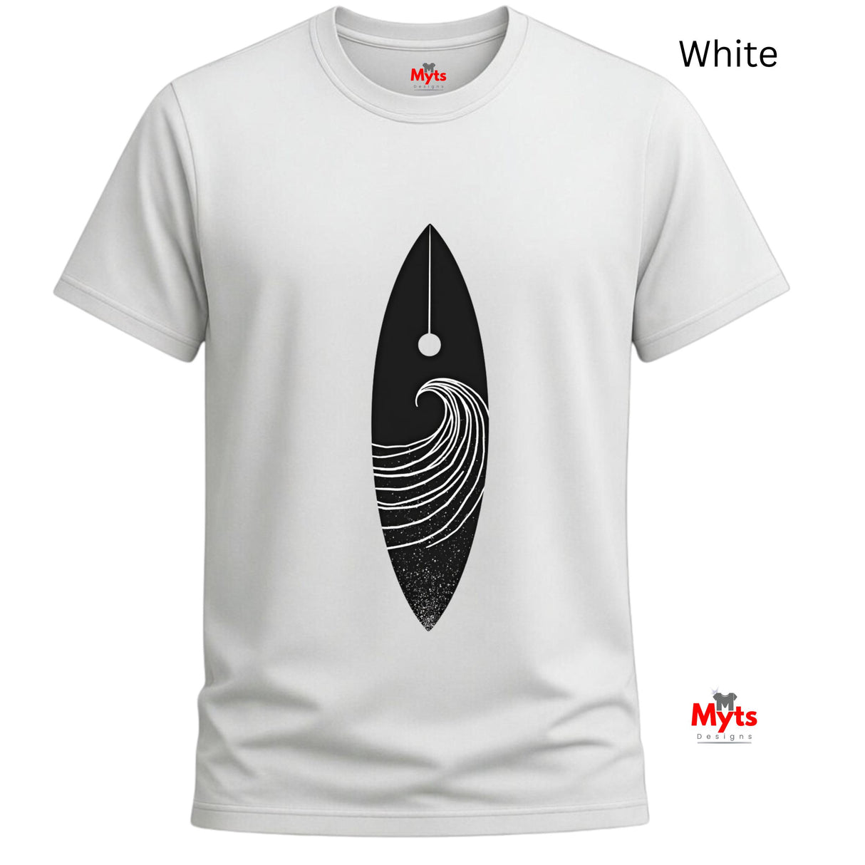 White t-shirt with black abstract design on a white background