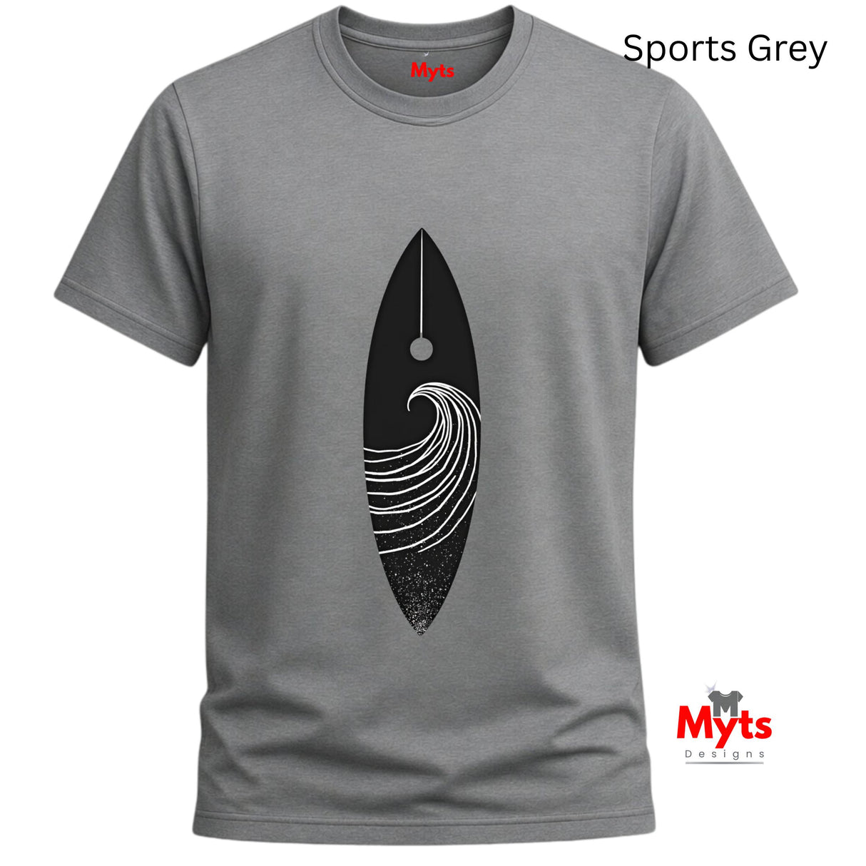 Gray t-shirt with a black and white graphic design on a white background
