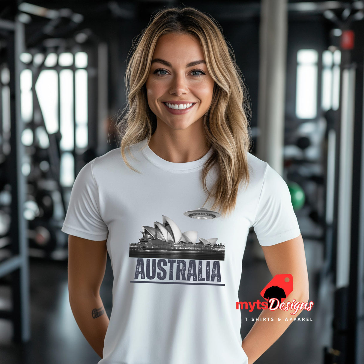 Front view of a Young woman standing in a gym wearing a white soft casual tee showing the Sydney Opera House sails with a sleek spaceship graphic orbiting overhead, printed on ultra-soft Gildan 64000 cotton.T-shirt