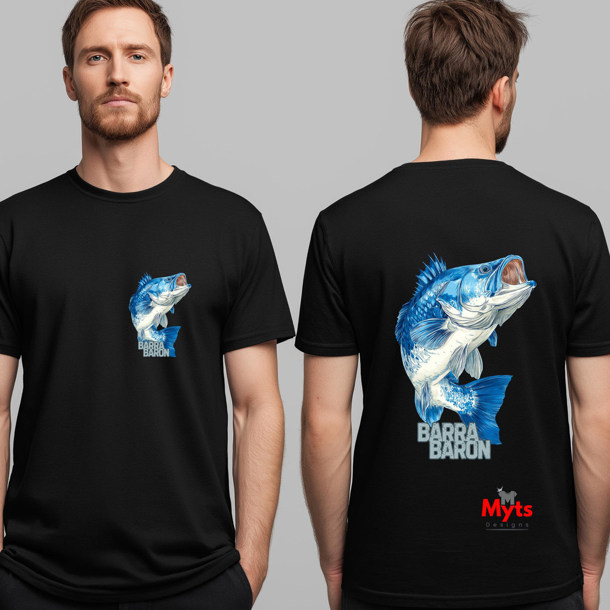 Black t-shirt with blue fish graphic on front and back, worn by a person, on a gray background