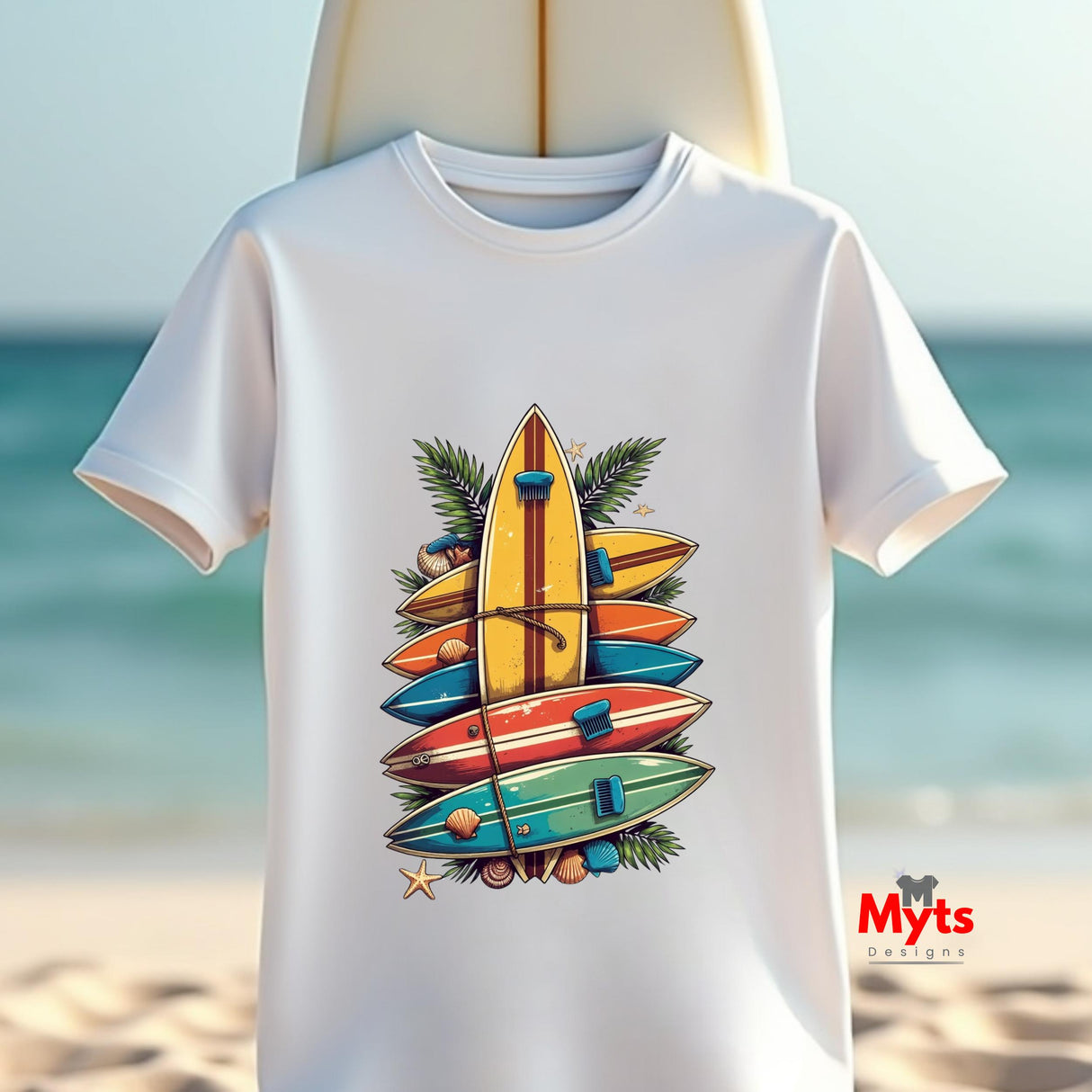 White t-shirt with colorful surfboard design on a beach background