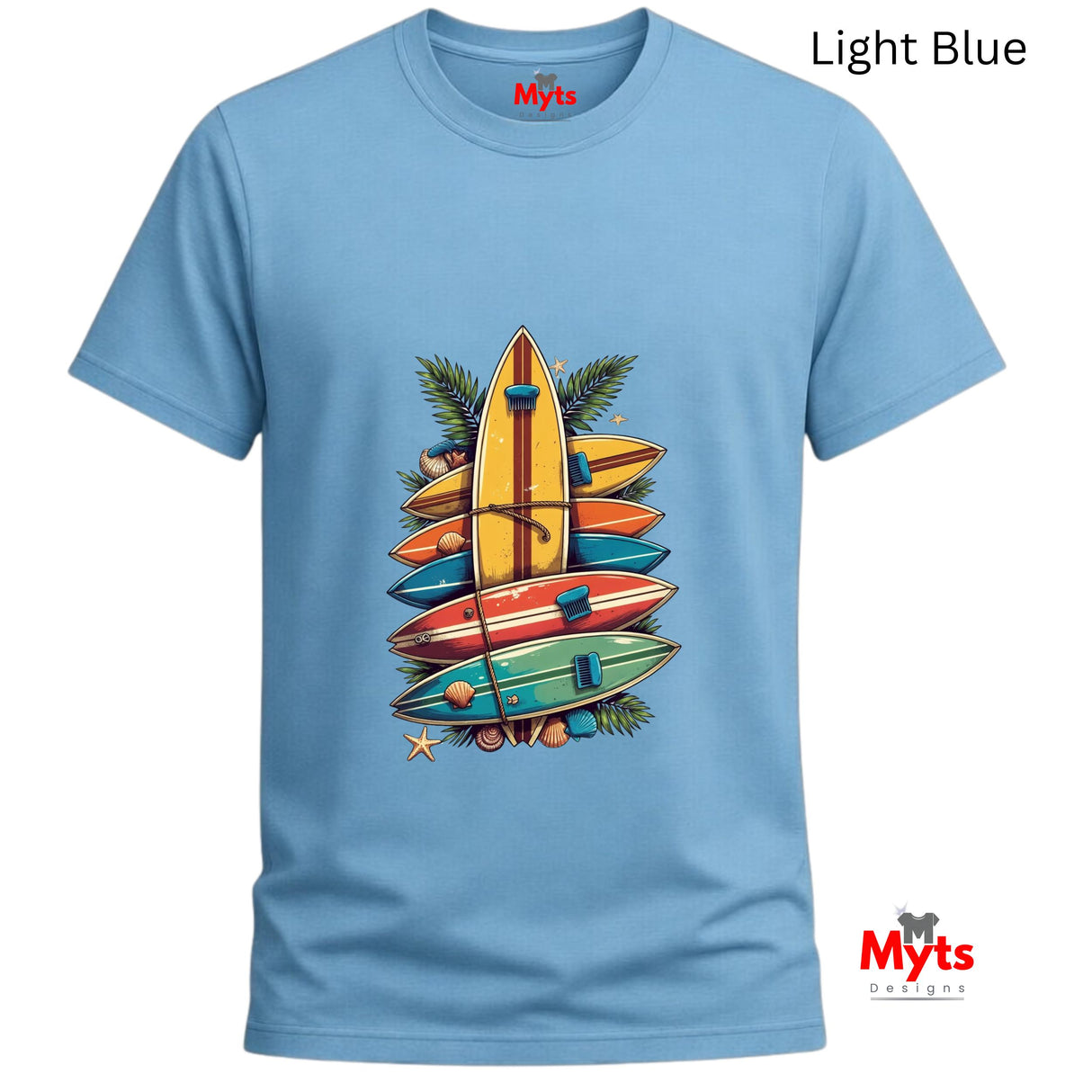 Light blue t-shirt with colorful surfboard design on a white background