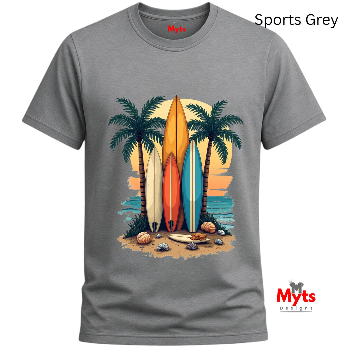 Gray t-shirt with surfboard and palm tree design on a white background