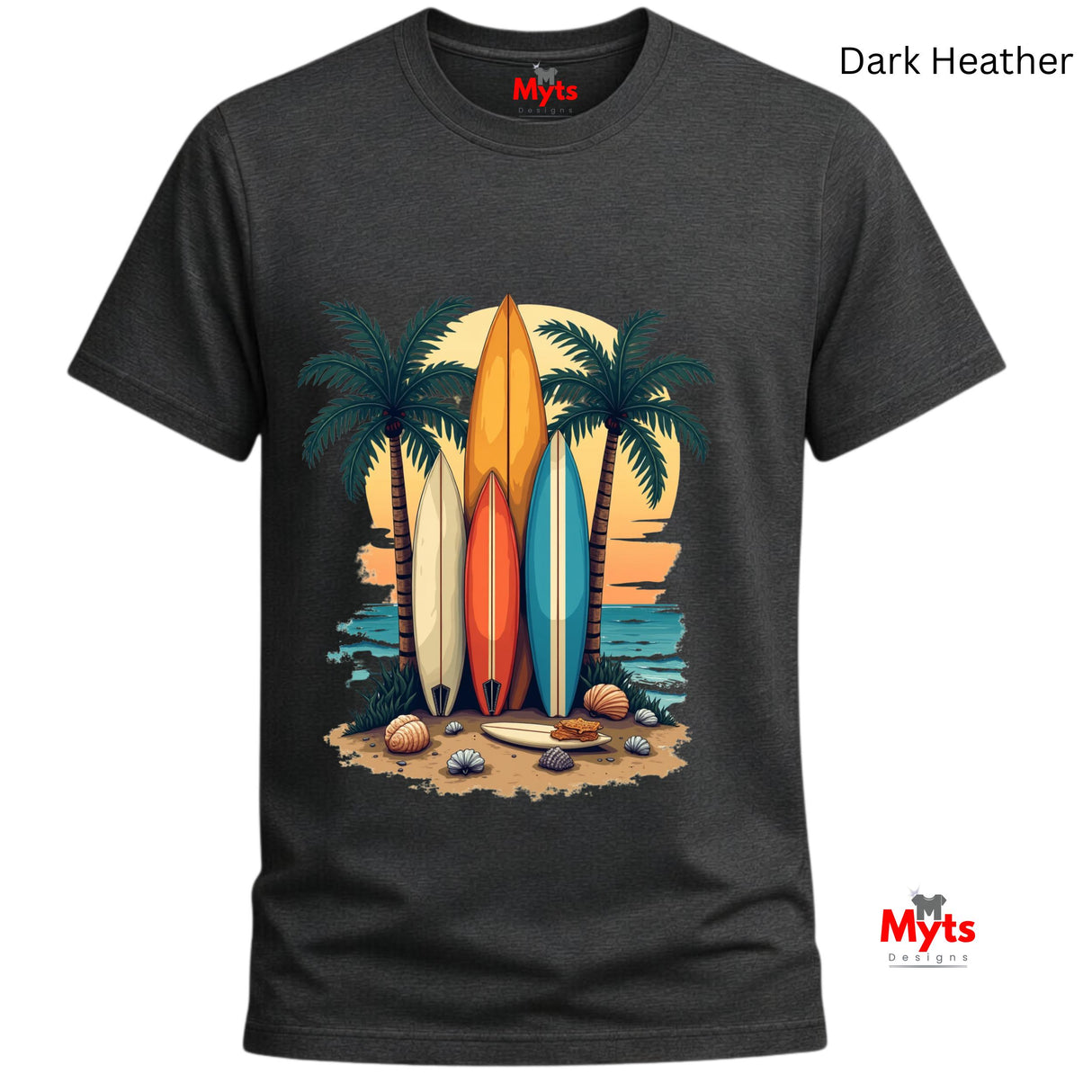 Dark Heather t-shirt with a graphic of surfboards and palm trees on a white background