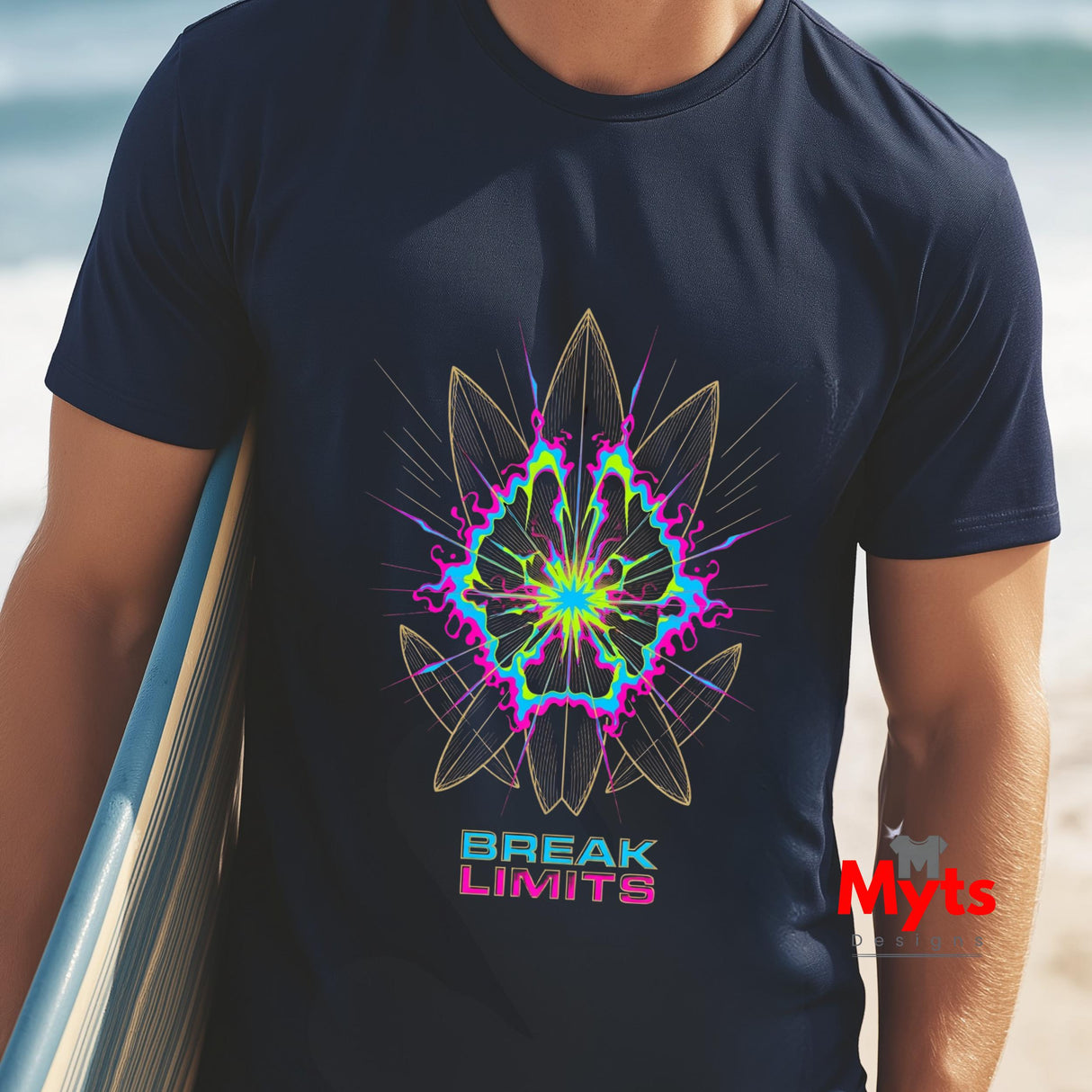 Person wearing a black t-shirt with a colorful abstract design and 'Break Limits' text on a beach.