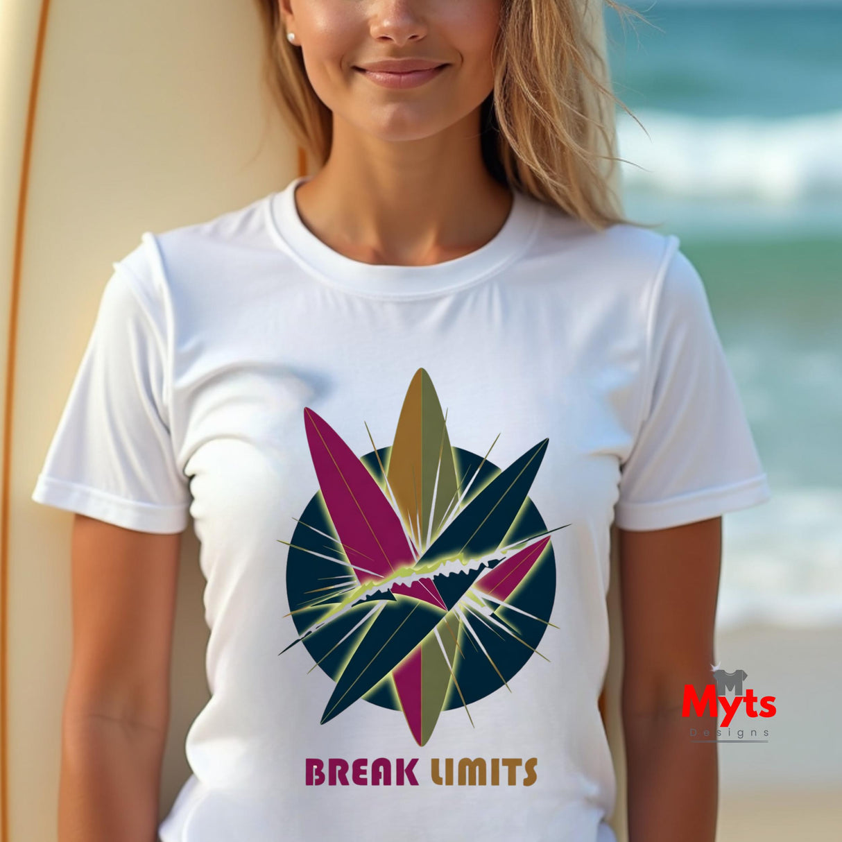 Person wearing a white t-shirt with a colorful leaf design and 'Break Limits' text on a beach.