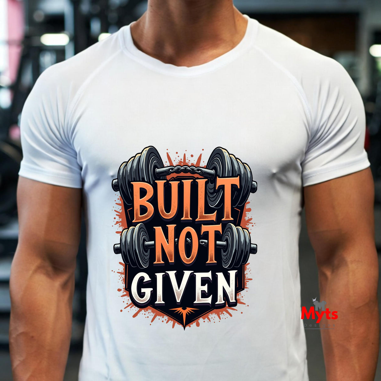 Person wearing a white t-shirt with 'Built Not Given' graphic design.