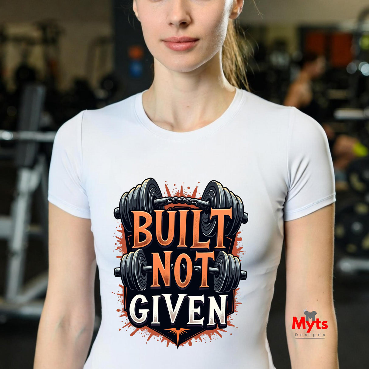 Person wearing a white t-shirt with 'Built Not Given' graphic and barbell design in a gym setting.