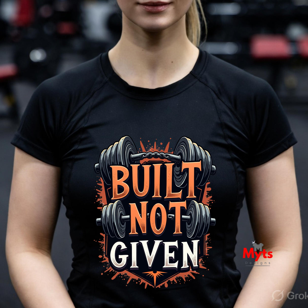 Person wearing a black t-shirt with 'Built Not Given' graphic and barbell design.