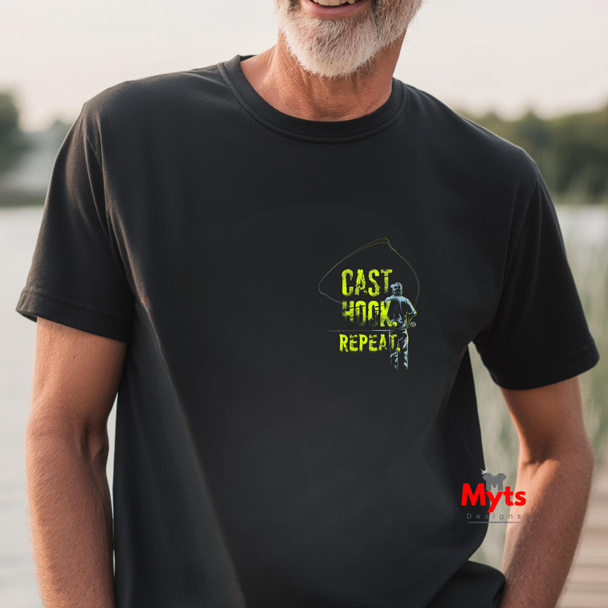 Man wearing a black t-shirt with 'Cast Hook Reel Repeat' graphic and 'Myts' branding.