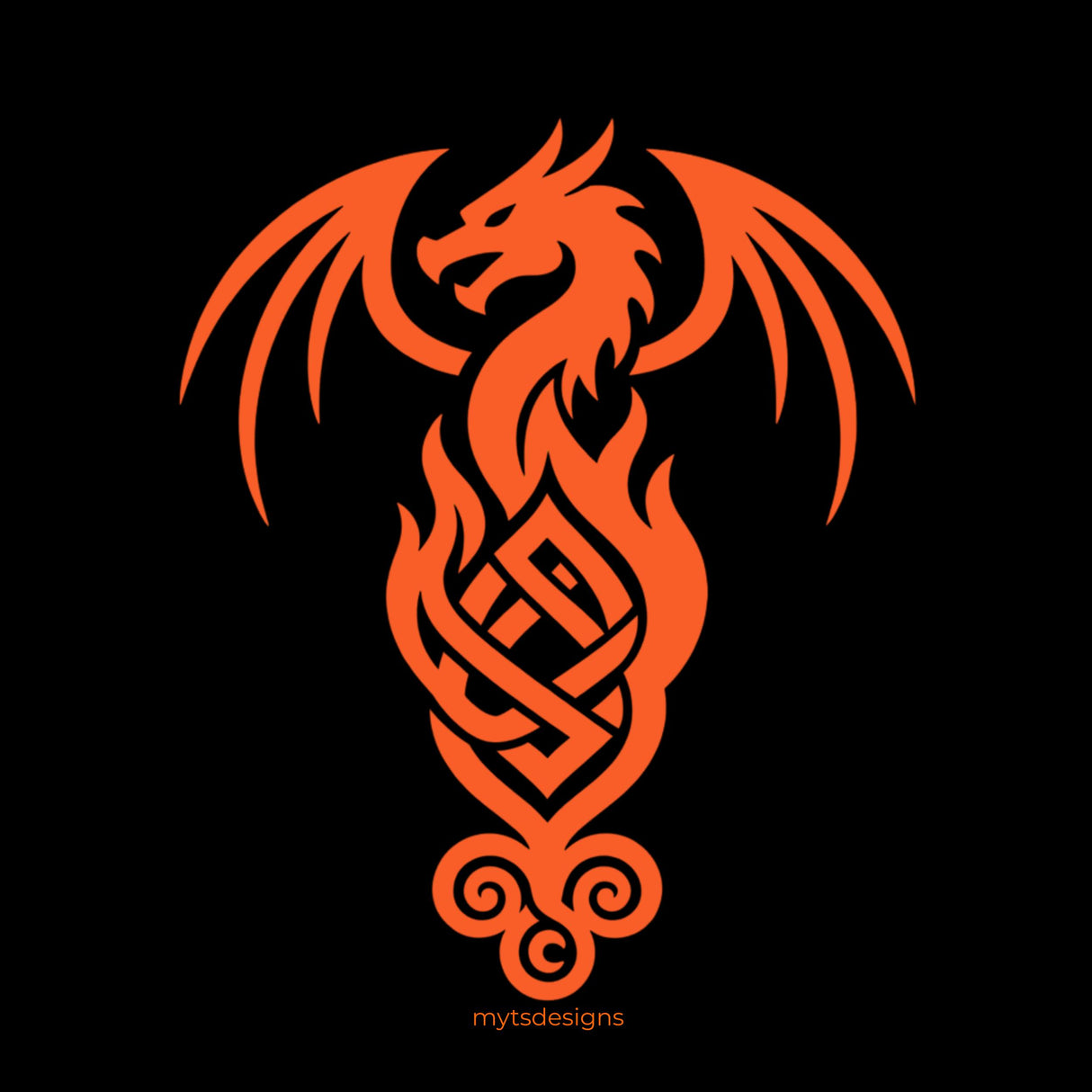 An orange stylized dragon design with wings and flame-like vertical elements on a black background, with small 'mytdsigns' text below.