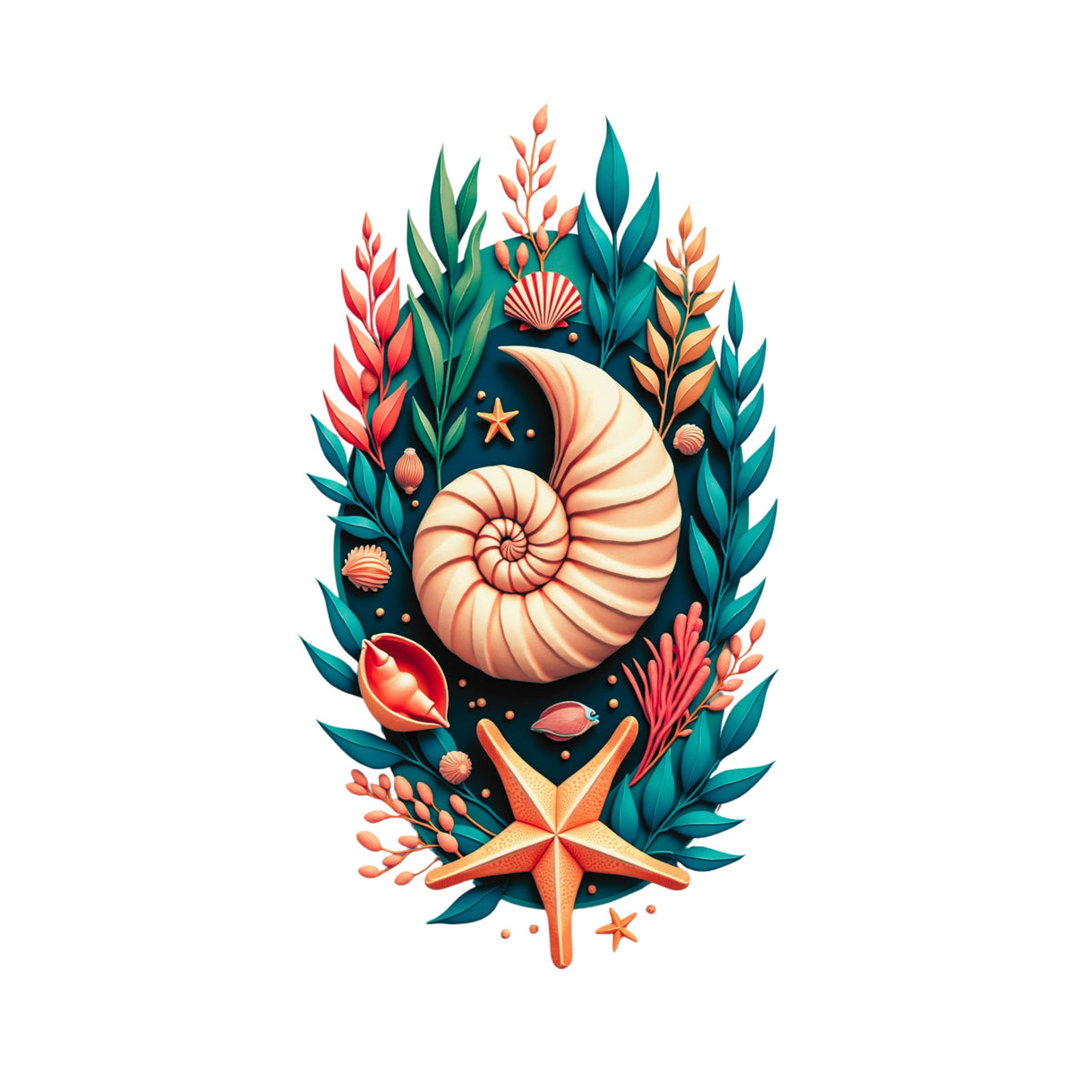 A decorative nautical illustration featuring a large nautilus shell at the center, surrounded by teal leaves, coral-like elements, small shells, and a starfish on a white background.
