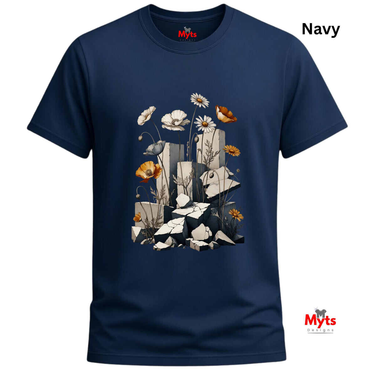 A navy blue short-sleeve t-shirt with a central graphic print of white daisies, orange poppies, and gray stone blocks. The brand name 'Myts' is visible on the inner neck label and as a watermark logo in the bottom right corner.