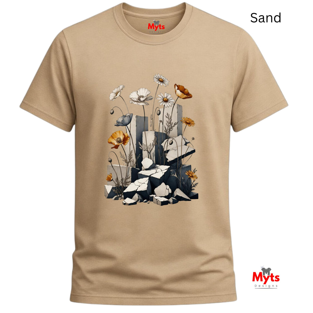 A sand-colored short-sleeve t-shirt with a graphic print of white daisies, orange poppies, and gray stone blocks, featuring the red 'Myts' brand logo on the inner neck label and a 'Sand' color label in the top right corner.
