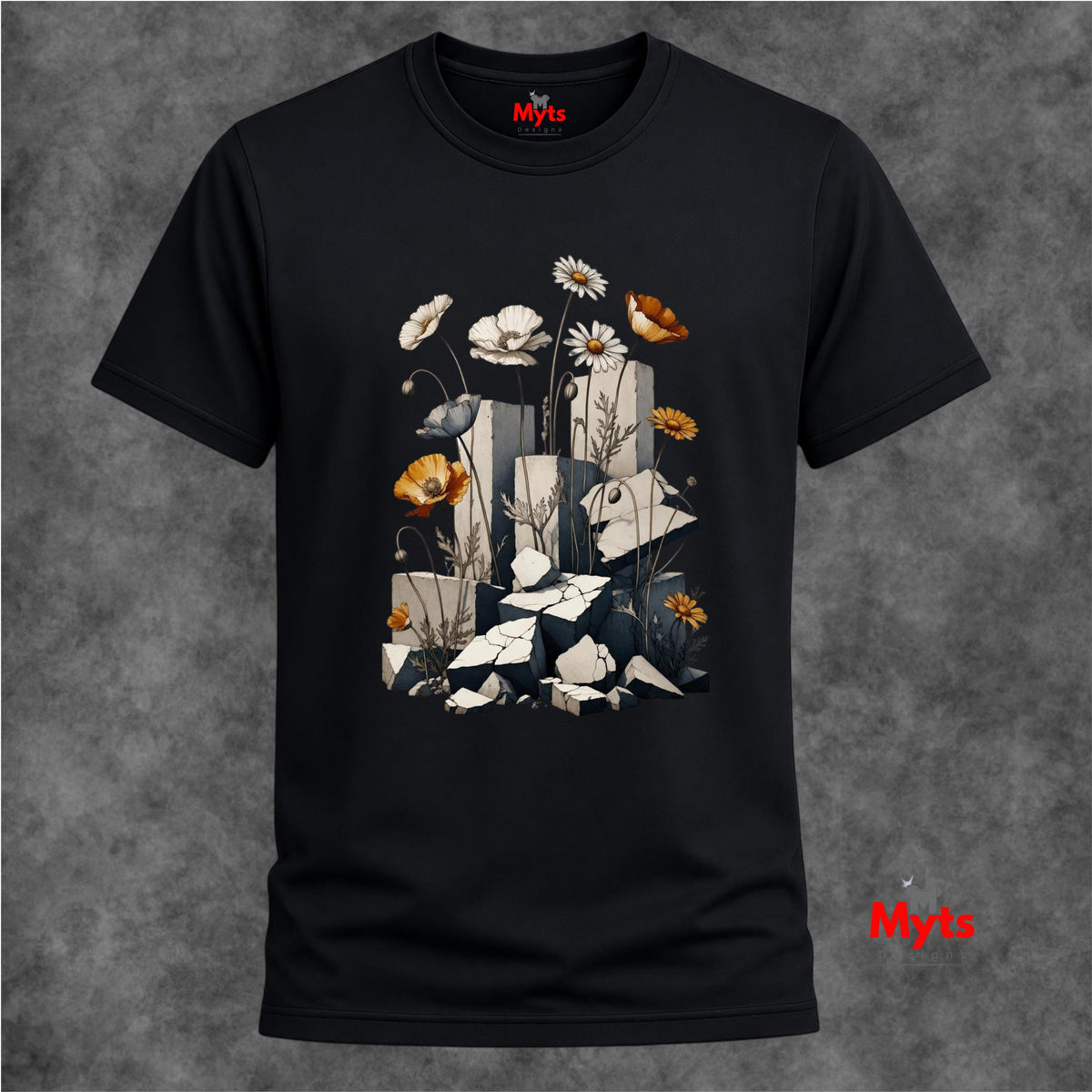A black short-sleeve t-shirt with a central graphic print of white and orange flowers, poppies, and a butterfly over a collage of gray and white rectangular panels. The shirt is displayed against a textured gray background, with a red 'Myts' brand logo visible inside the collar and as a watermark in the bottom right corner.