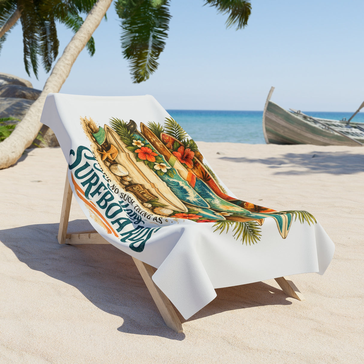 Beach towel with surfboard design on a lounge chair at the beach