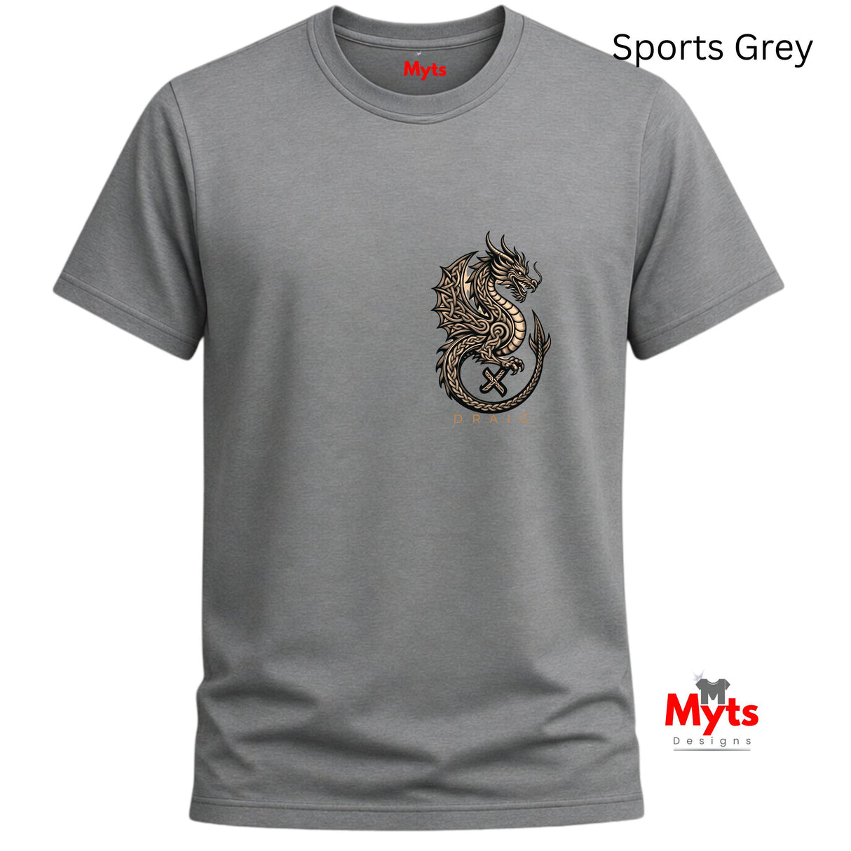 A grey short-sleeve crewneck t-shirt featuring a detailed metallic gold and black dragon graphic on the left chest. The brand name 'Myts' is printed inside the collar, and a 'Myts Designs' logo is visible in the bottom right corner.