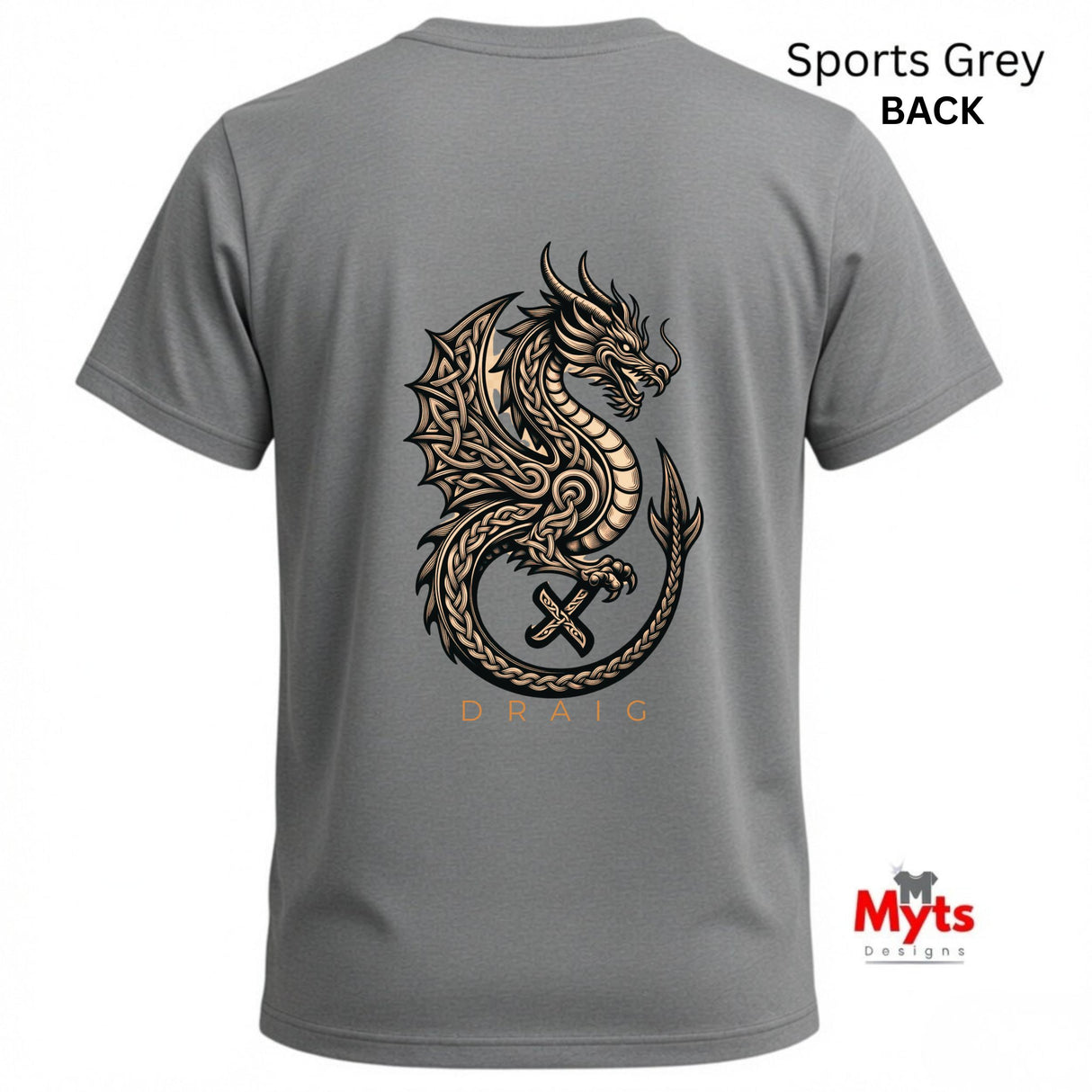 A grey short-sleeve t-shirt shown from the back, featuring a large metallic gold and black dragon graphic with the word 'DRAG' underneath. The text 'Sports Grey BACK' is visible in the top right corner, and the 'Myts Designs' logo is in the bottom right corner.